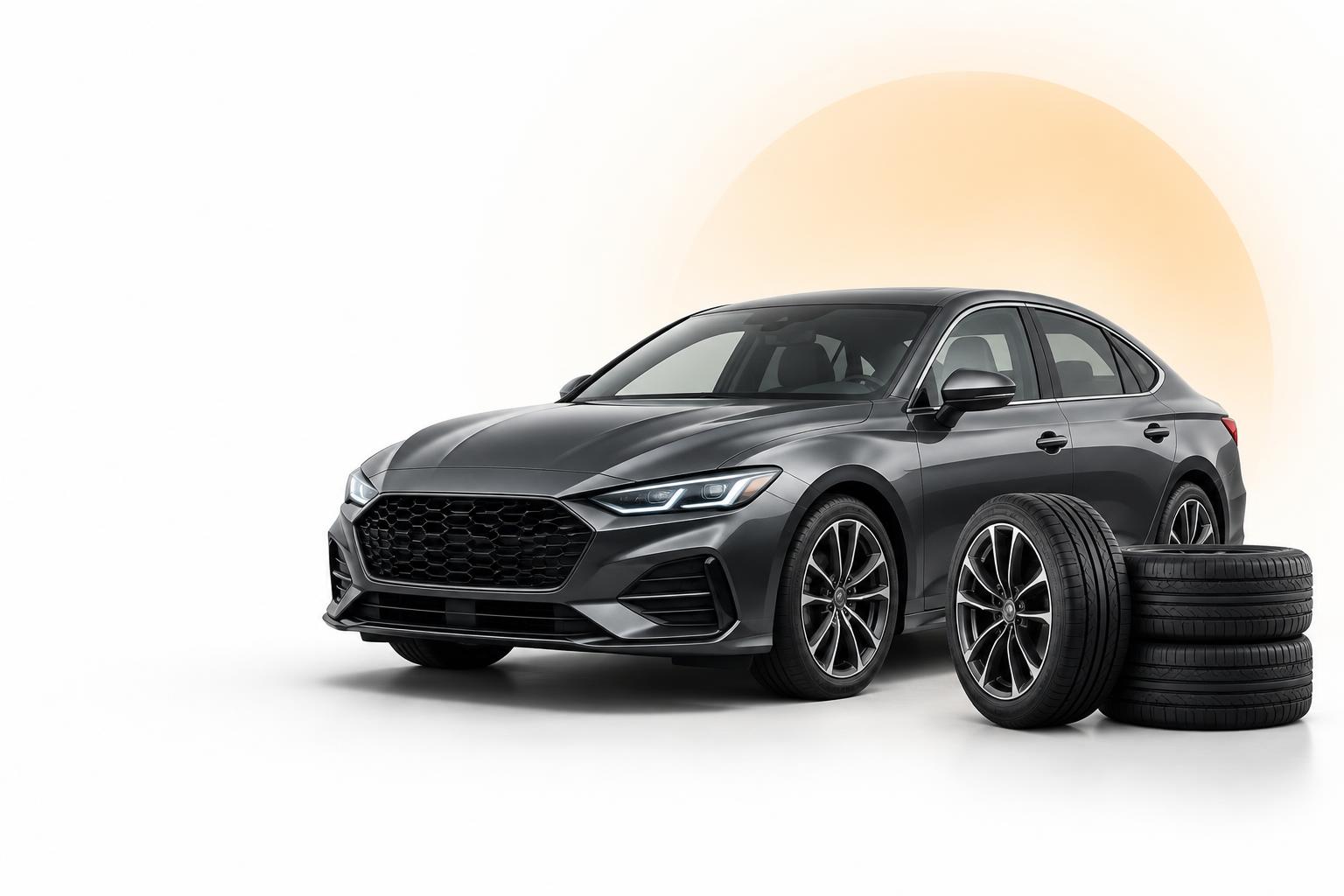 Modern car with a set of new tyres